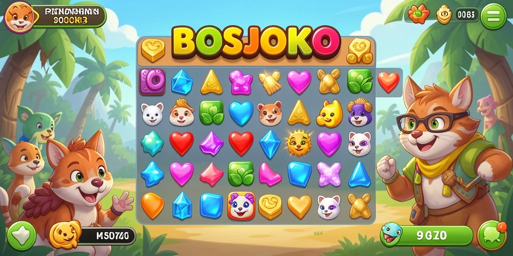 Screenshot gameplay <strong>BOSJOKO</strong> yang menunjukkan kombinasi item warna-warni.