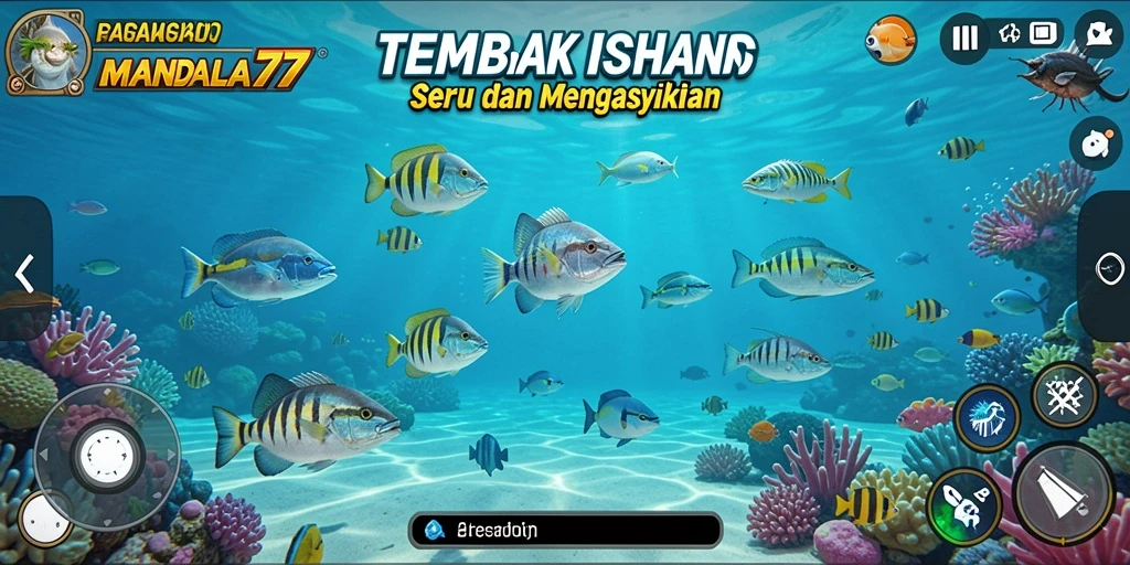 Screenshot gameplay MANDALA77 menampilkan aksi Tembak Ikan yang seru.