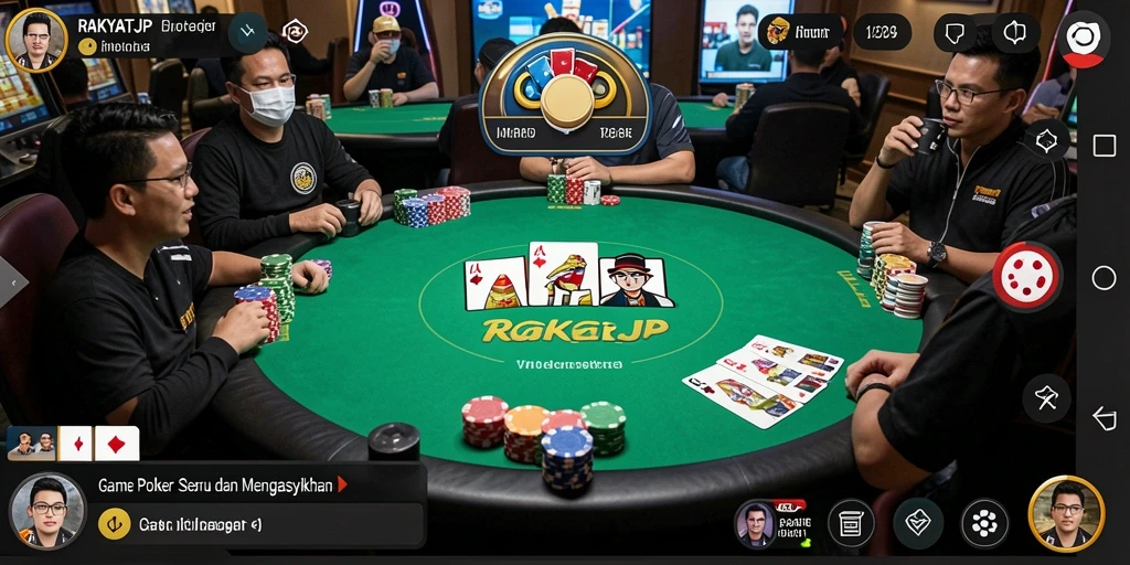 Screenshot gameplay RAKYATJP menampilkan aksi poker yang intens.